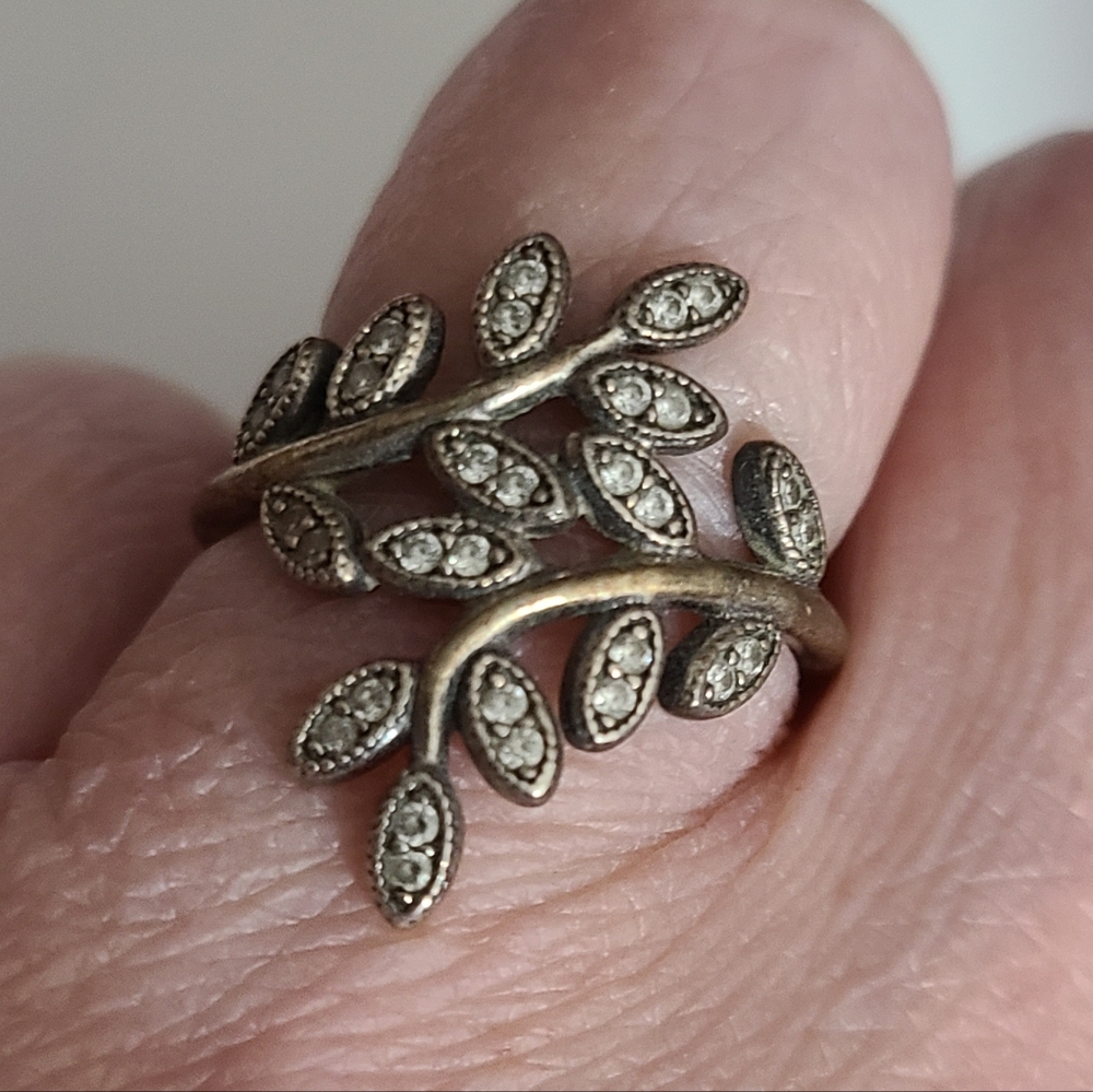 Pandora 925 Sterling Silver Leaf Ring Sz 9 CZ Rhinestones Crystals AUTHENTIC